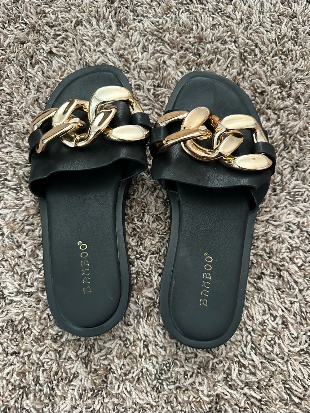 BAMBOO Black Slide Sandals with Gold Chain Detail
